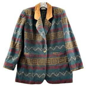 Braetan Southwestern‎ Blazer Womens 6 Wool Blend Leather Collar Jacket Vtg 90s